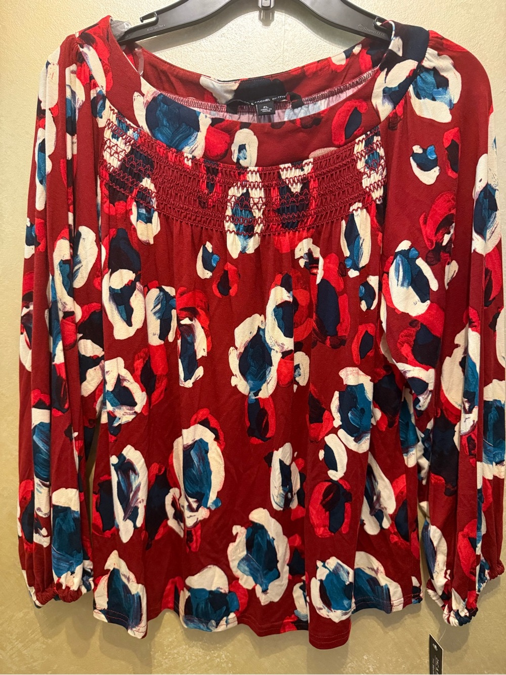 Zac & Rachel Red Floral Smocked-Yoke Tunic with Blue and White Accents